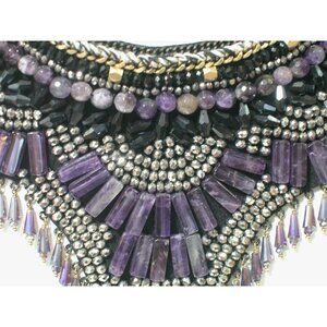 Statement Necklace With Black & Amethyst Beads Silver Accents & Dangling Tassel